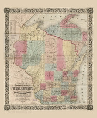 Wisconsin 1851 Colton - Old State Map Reprint