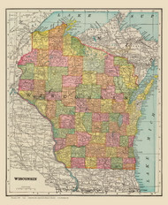 Wisconsin 1909 Cram - Old State Map Reprint