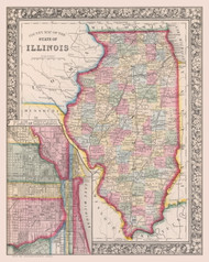 Illinois 1863 Mitchell - Counties - Old State Map Reprint