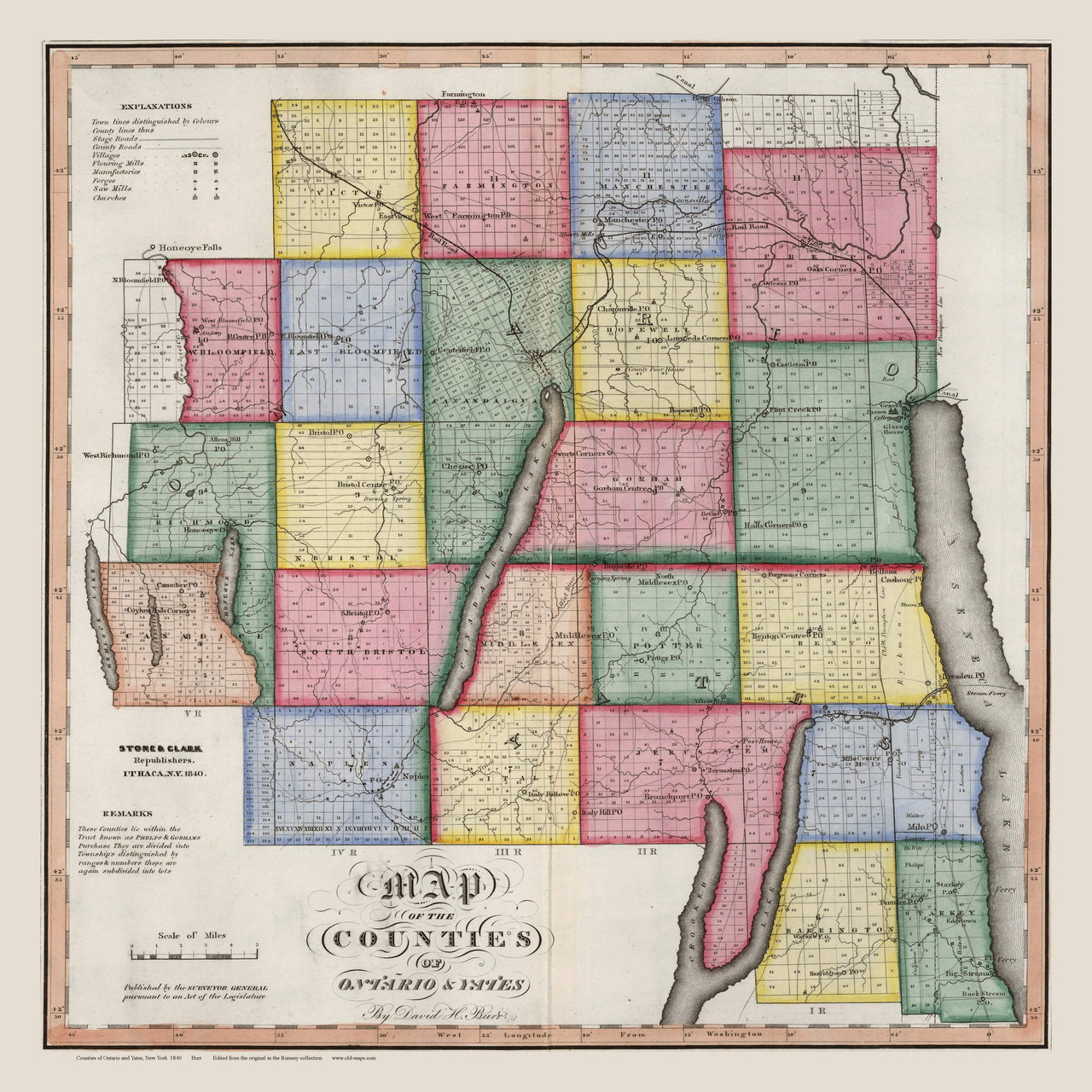 Ontario & Yates County New York 1840 Burr State Atlas OLD MAPS