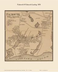 Falmouth and Falmouth Landing Villages, Massachusetts 1858 Old Town Map Custom Print - Barnstable Co.