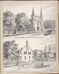 Auburn - Holy Family Church, Schoolhouse & Res. Of Pastor Rev. Edward McGowan, New York 1875 - Old Town Map Reprint - Cayuga Co. Atlas