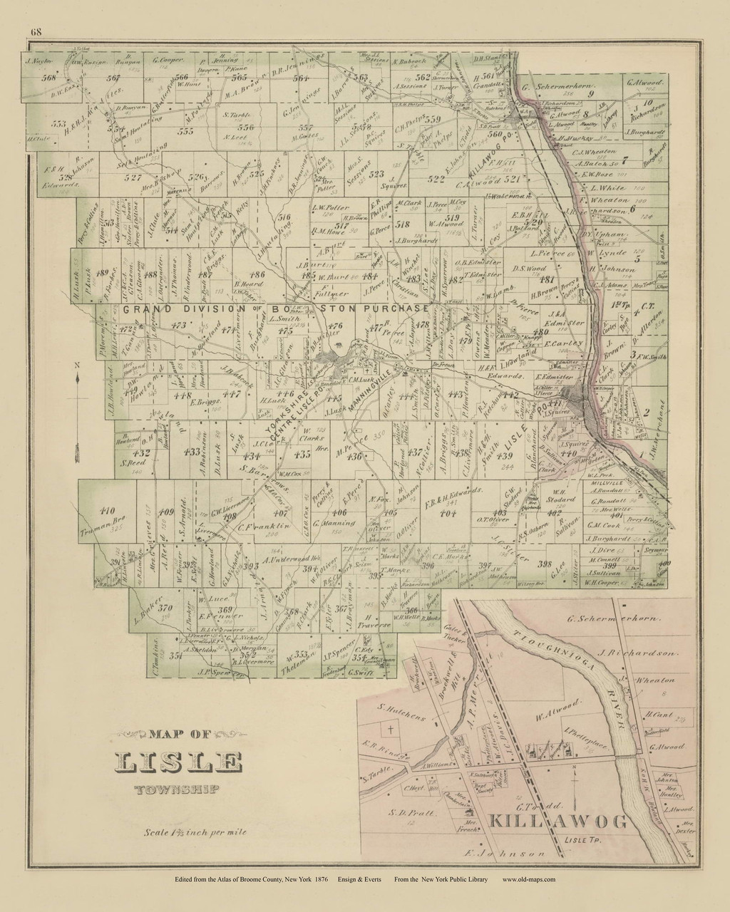 Town of Lisle and Killawog Village, New York 1876 Old Town Map