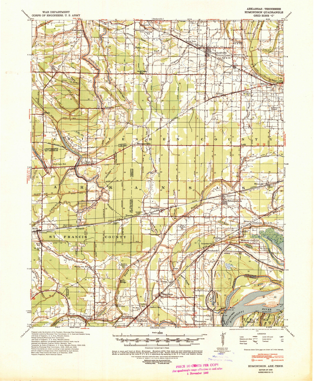 Edmondson, Arkansas 1939 (1942) USGS Old Topo Map Reprint 15x15 AR Quad