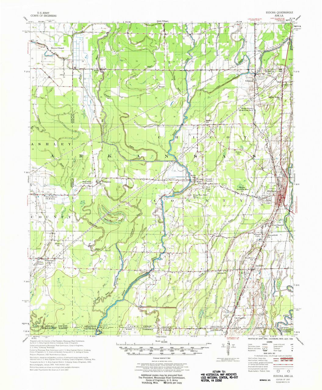 Eudora, Arkansas 1957 (1975) USGS Old Topo Map Reprint 15x15 AR Quad