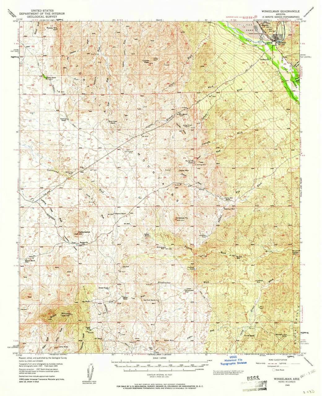 Winkelman, Arizona 1949 (1961) USGS Old Topo Map Reprint 15x15 AZ Quad 315195 OLD MAPS