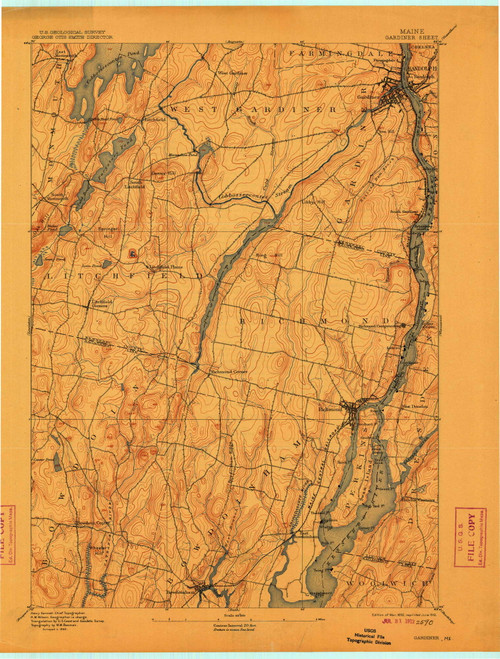 Gardiner, Maine 1892 (1912) USGS Old Topo Map Reprint 15x15 ME Quad