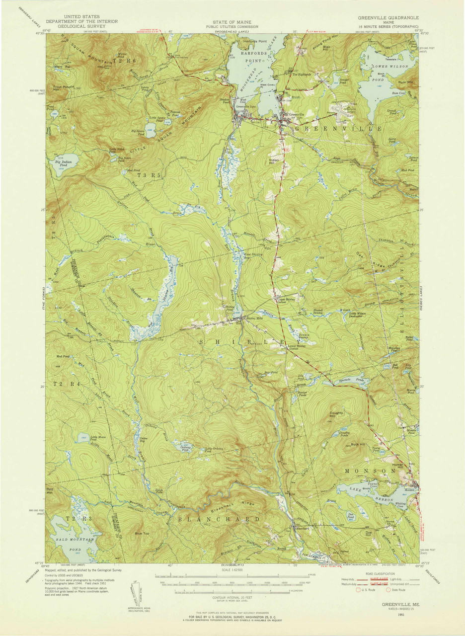 Greenville, Maine 1951 (1952) USGS Old Topo Map Reprint 15x15 ME Quad