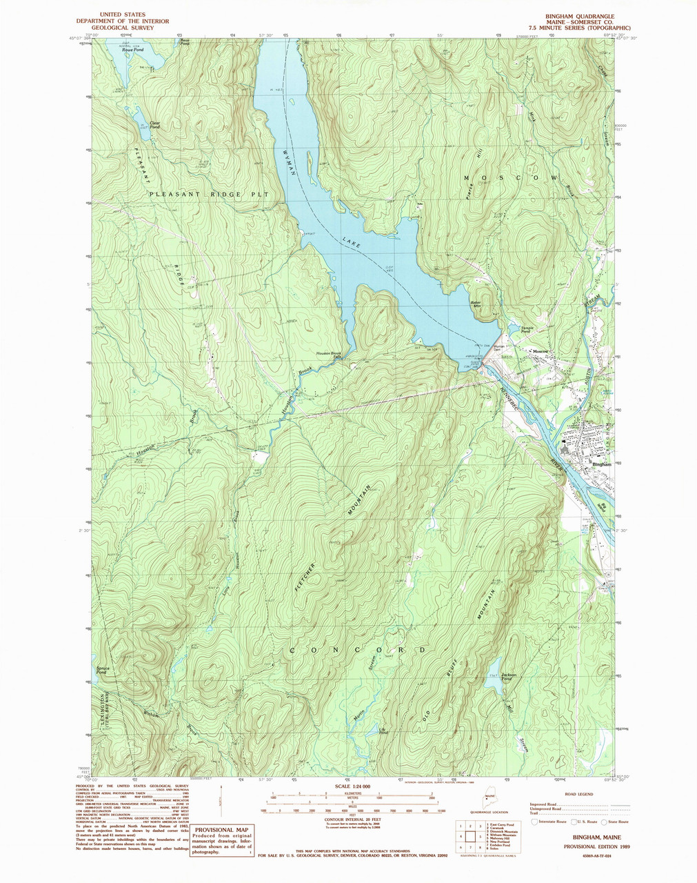 Bingham, Maine 1989 (1989) USGS Old Topo Map Reprint 7x7 ME Quad 104929
