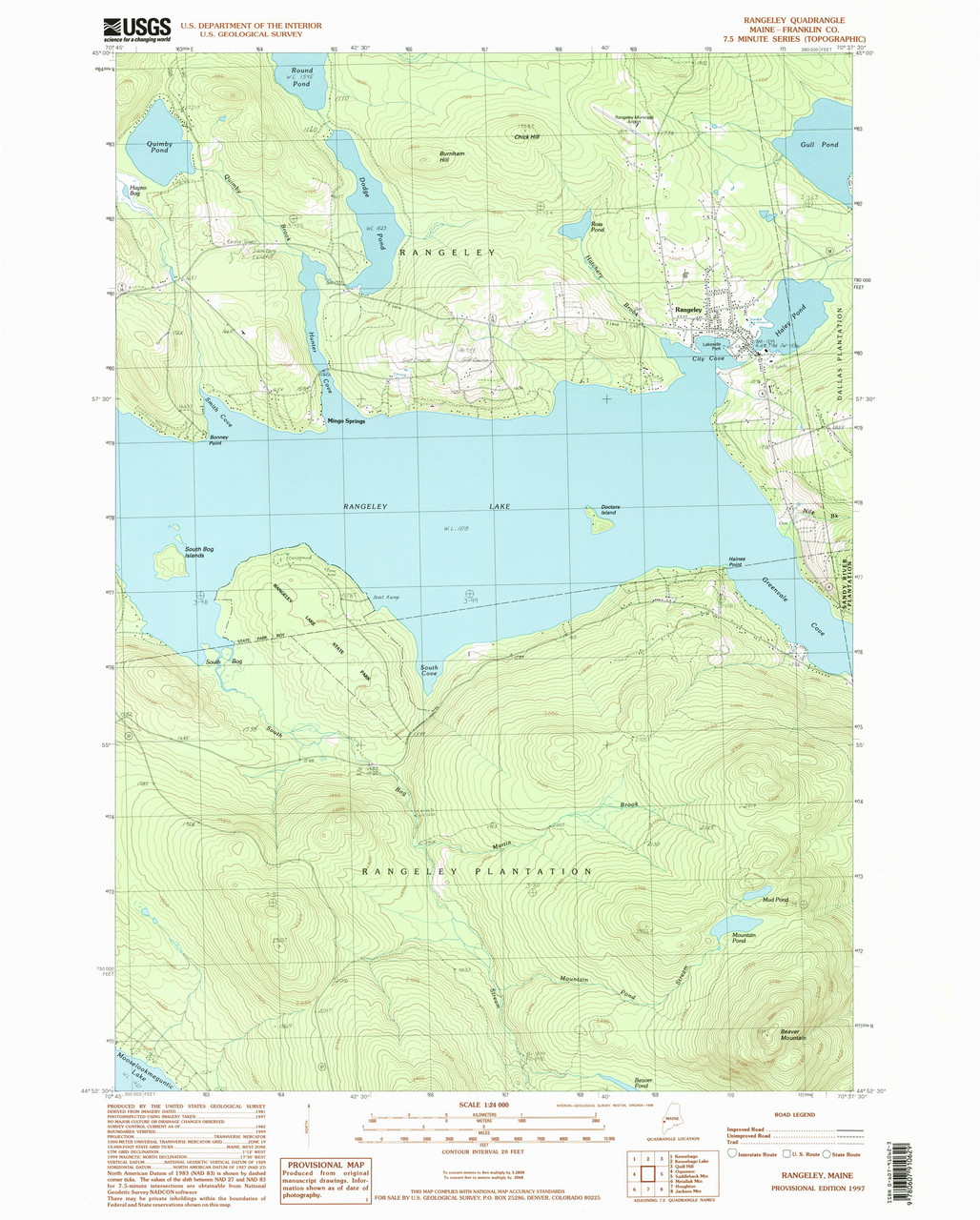 Rangeley, Maine 1997 (1999) USGS Old Topo Map Reprint 7x7 ME Quad 102909 OLD MAPS