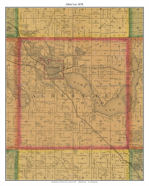 Albert Lea Albert Lea Lake, Freeborn Co. Minnesota 1878 Old Town Map