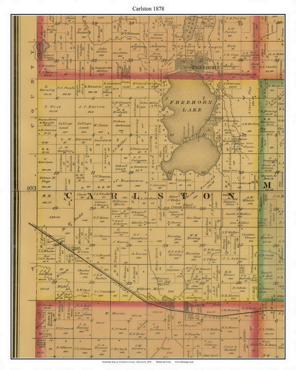 Carlston Freeborn Lake, Freeborn Co. Minnesota 1878 Old Town Map