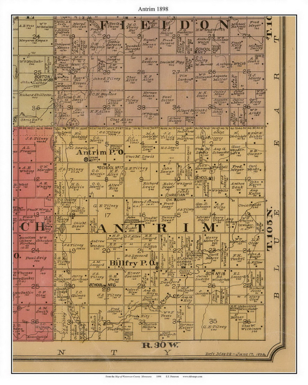 Antrim, Watonwan Co. Minnesota 1898 Old Town Map Custom Print