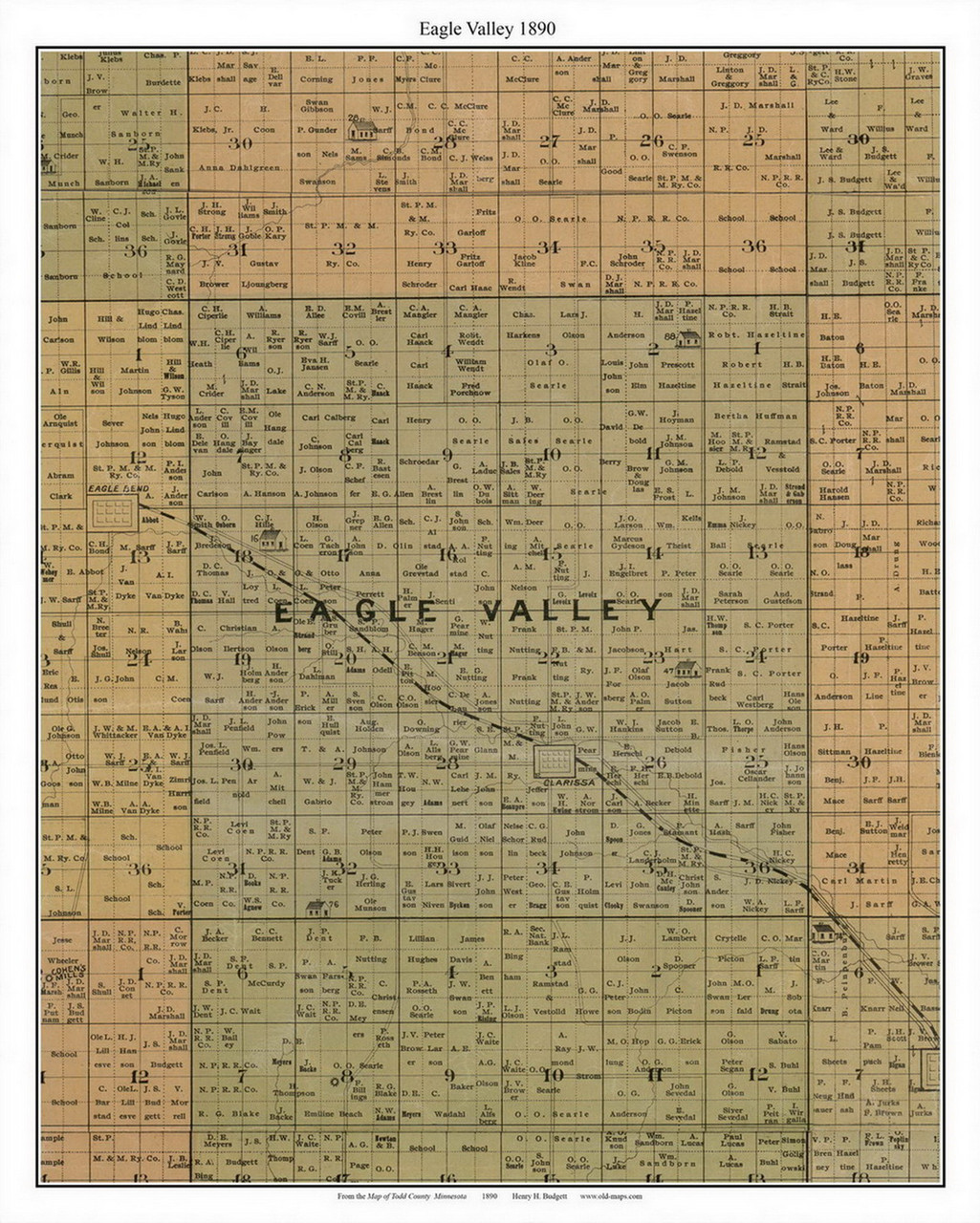Eagle Valley Clarissa, Todd Co. Minnesota 1890 Old Town Map Custom