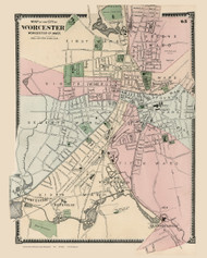 Worcester Village, Massachusetts 1870 Old Town Map Reprint - Worcester Co. Atlas 65