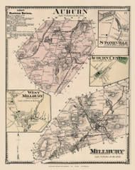 Auburn and Millbury Towns, Auburn Center, Stoneville and West Millbury Villages, Massachusetts 1870 Old Town Map Reprint - Worcester Co. Atlas 78