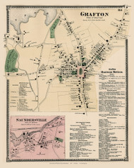 Grafton Village and Saundersville, Massachusetts 1870 Old Town Map Reprint - Worcester Co. Atlas 83
