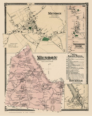 Mendon Town, Mendon, Northbridge Centre and Rockdale Villages, Massachusetts 1870 Old Town Map Reprint - Worcester Co. Atlas 90
