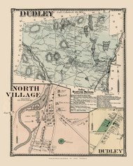 Dudley Town, North Village and Dudley Village, Massachusetts 1870 Old Town Map Reprint - Worcester Co. Atlas 91