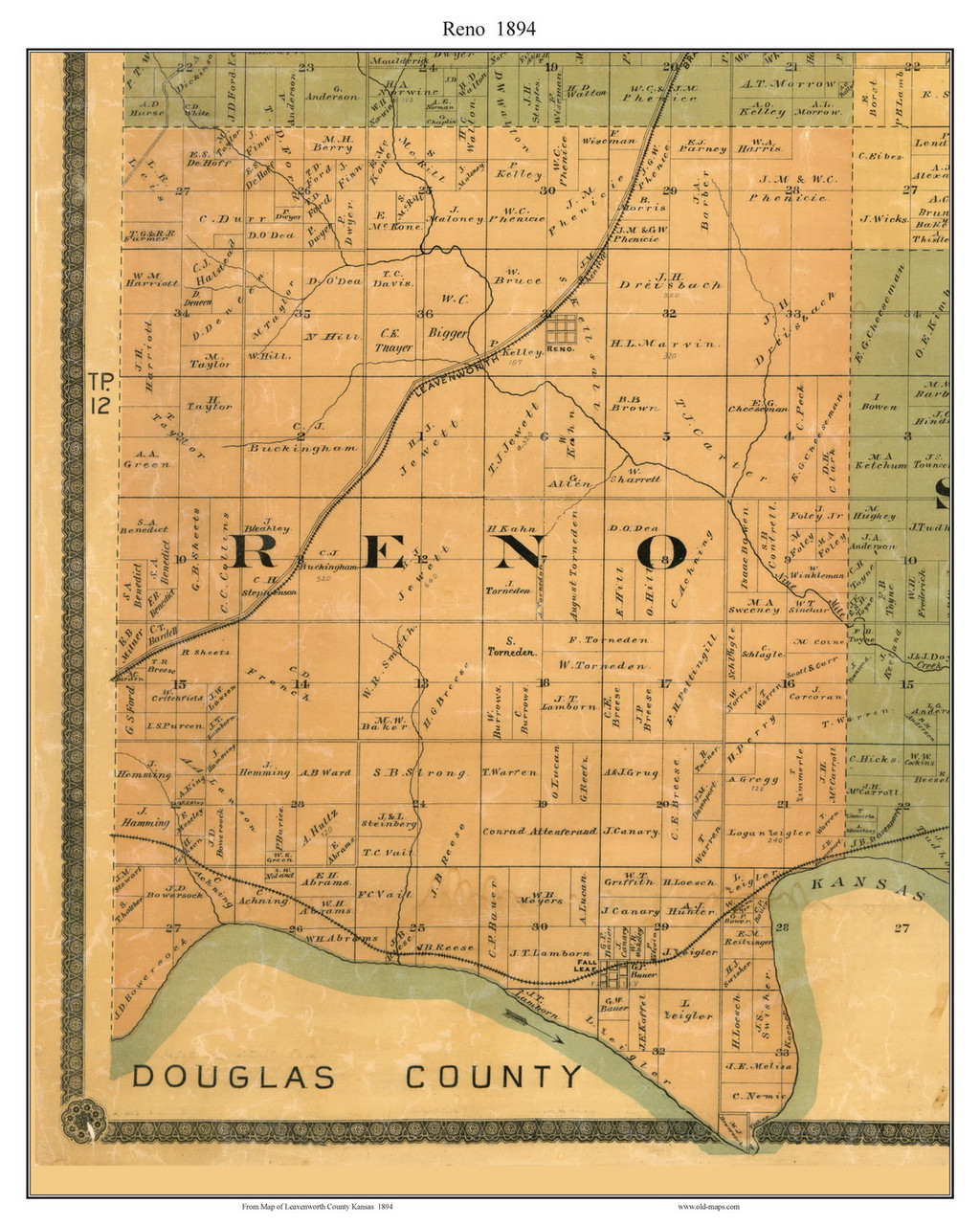 Reno, Kansas 1894 Old Town Map Custom Print - Leavenworth Co. - OLD MAPS