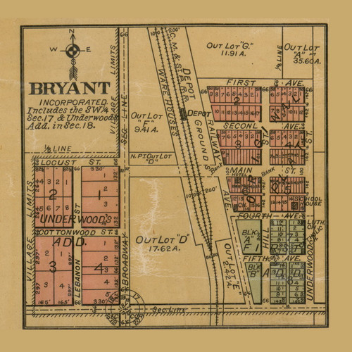 Bryant Village, South Dakota 1897 Old Town Map Custom Print - Hamlin Co ...