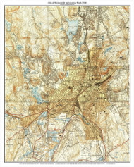 City of Worcester and Ponds 1939 - Custom USGS Old Topo Map - Massachusetts 7x7 Custom - Lakes Not Quabbin