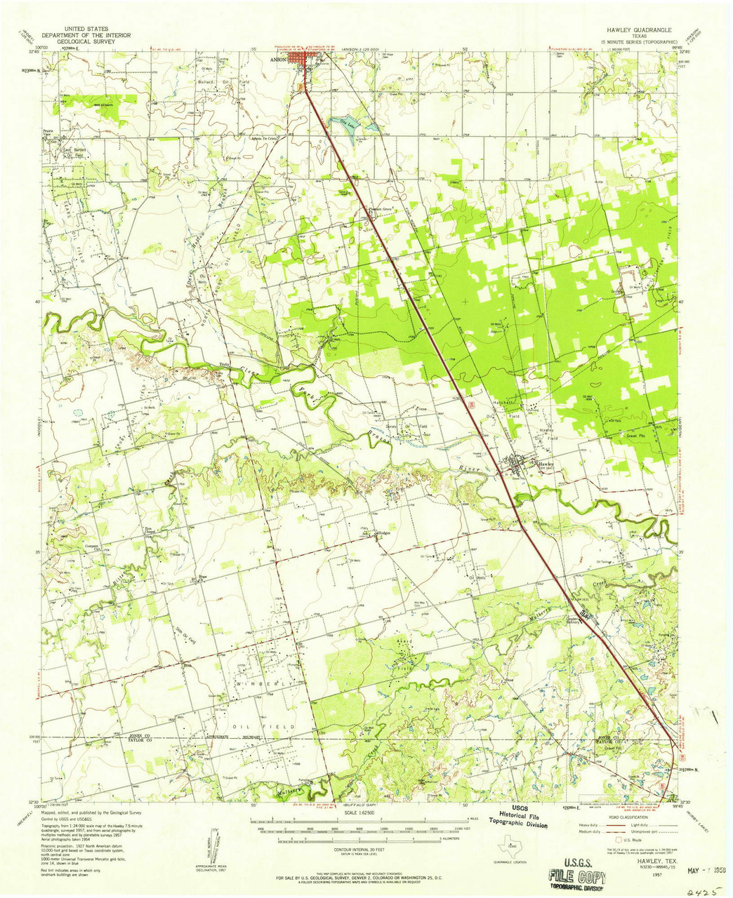 Hawley, Texas 1957 (1958) USGS Old Topo Map Reprint 15x15 TX Quad