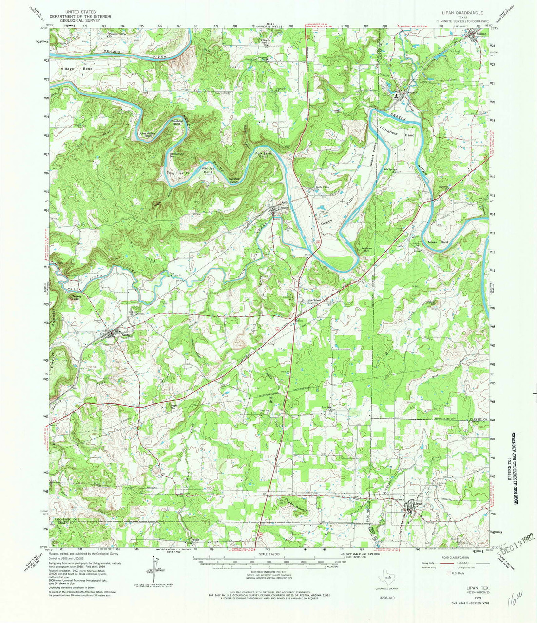 Lipan, Texas 1959 (1982) USGS Old Topo Map Reprint 15x15 TX Quad 110443 ...