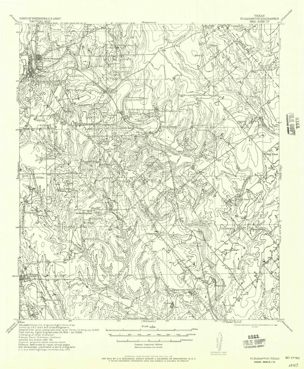 Pleasanton, Texas 1956 () USGS Old Topo Map Reprint 15x15 TX Quad
