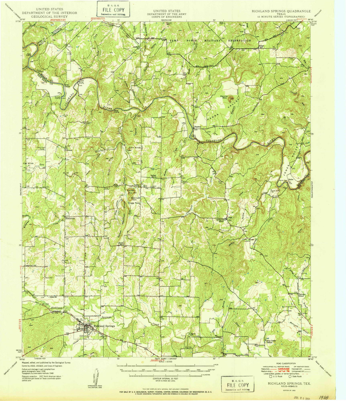 Richland Springs, Texas 1950 () USGS Old Topo Map Reprint 15x15 TX Quad ...