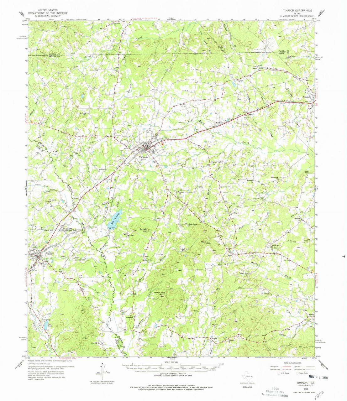 Timpson, Texas 1958 (1978) USGS Old Topo Map Reprint 15x15 TX Quad