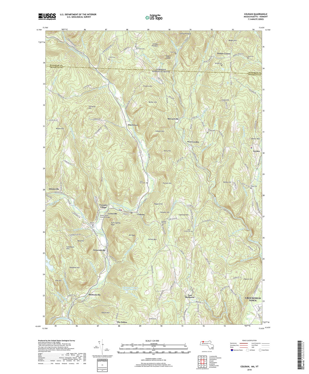 Colrain, Massachusetts 2018 () USGS Old Topo Map Reprint 7x7 MA Quad