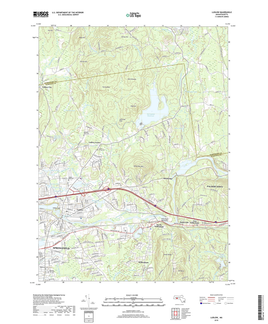 Ludlow, Massachusetts 2018 () USGS Old Topo Map Reprint 7x7 MA Quad