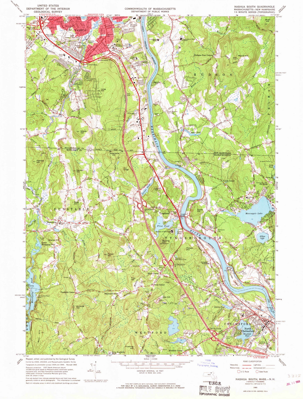 Nashua South, New Hampshire 1965 (1968) USGS Old Topo Map Reprint 7x7 ...