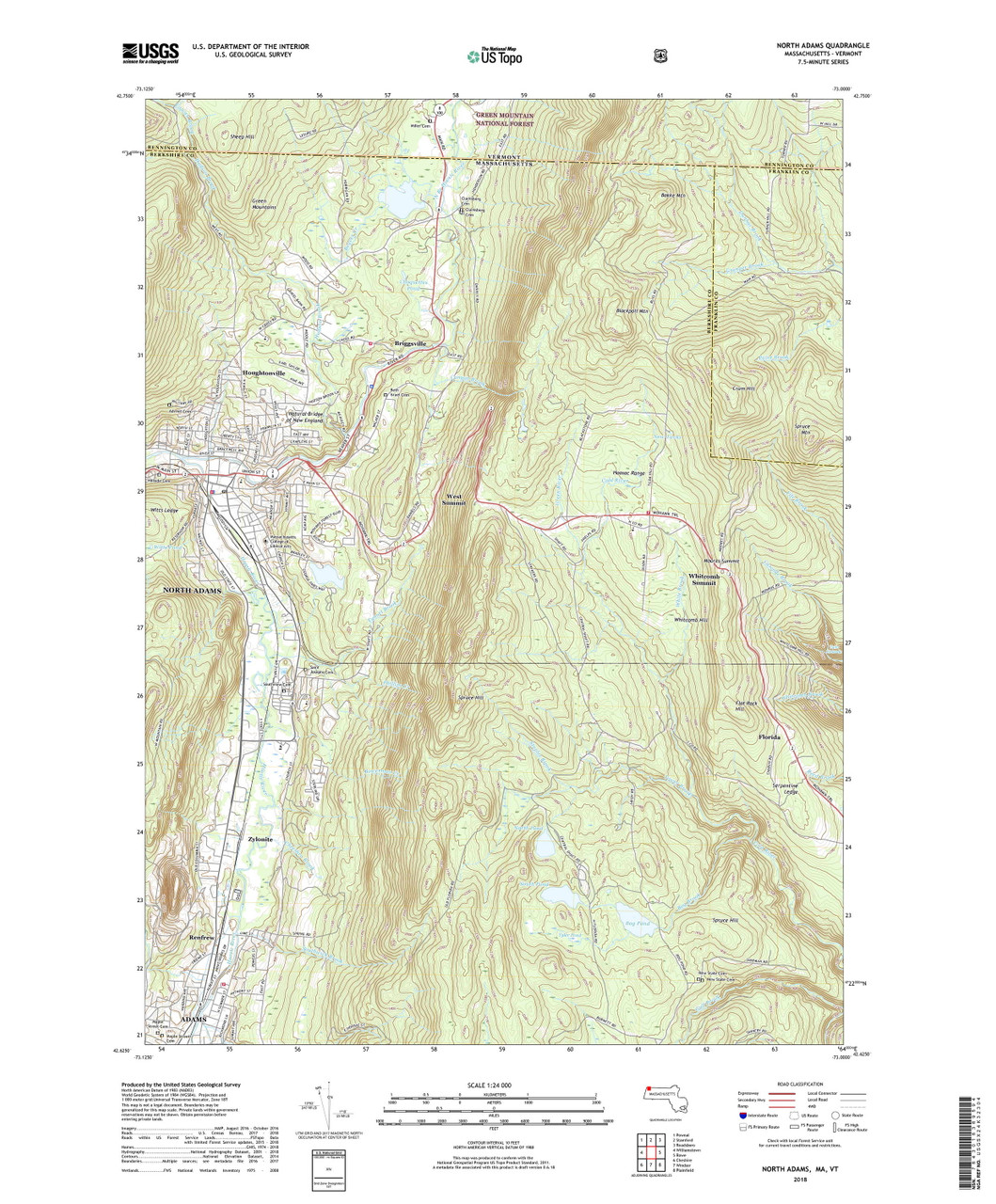 North Adams, Massachusetts 2018 () USGS Old Topo Map Reprint 7x7 MA