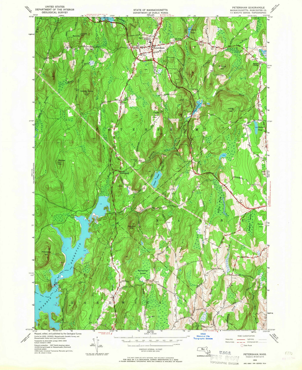 Petersham, Massachusetts 1954 (1968) USGS Old Topo Map Reprint 7x7 MA