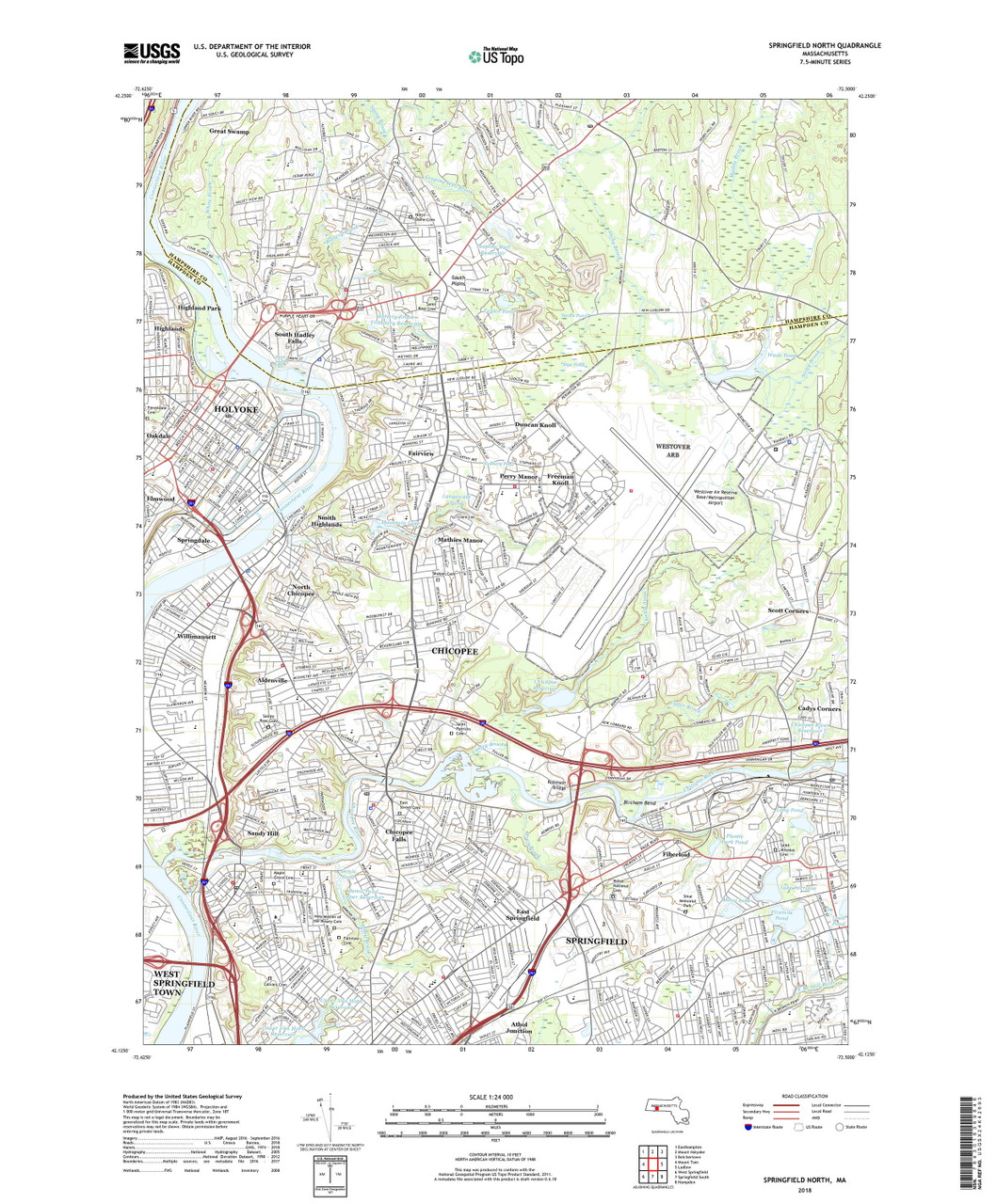 Springfield North, Massachusetts 2018 () USGS Old Topo Map Reprint 7x7 MA Quad OLD MAPS