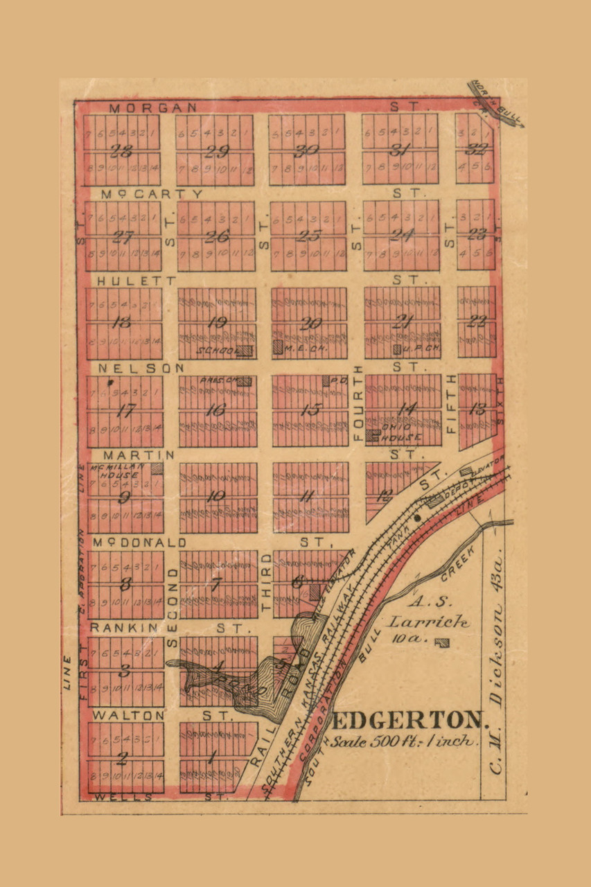 Edgerton Village, Kansas 1886 Old Town Map Custom Print Johnson Co