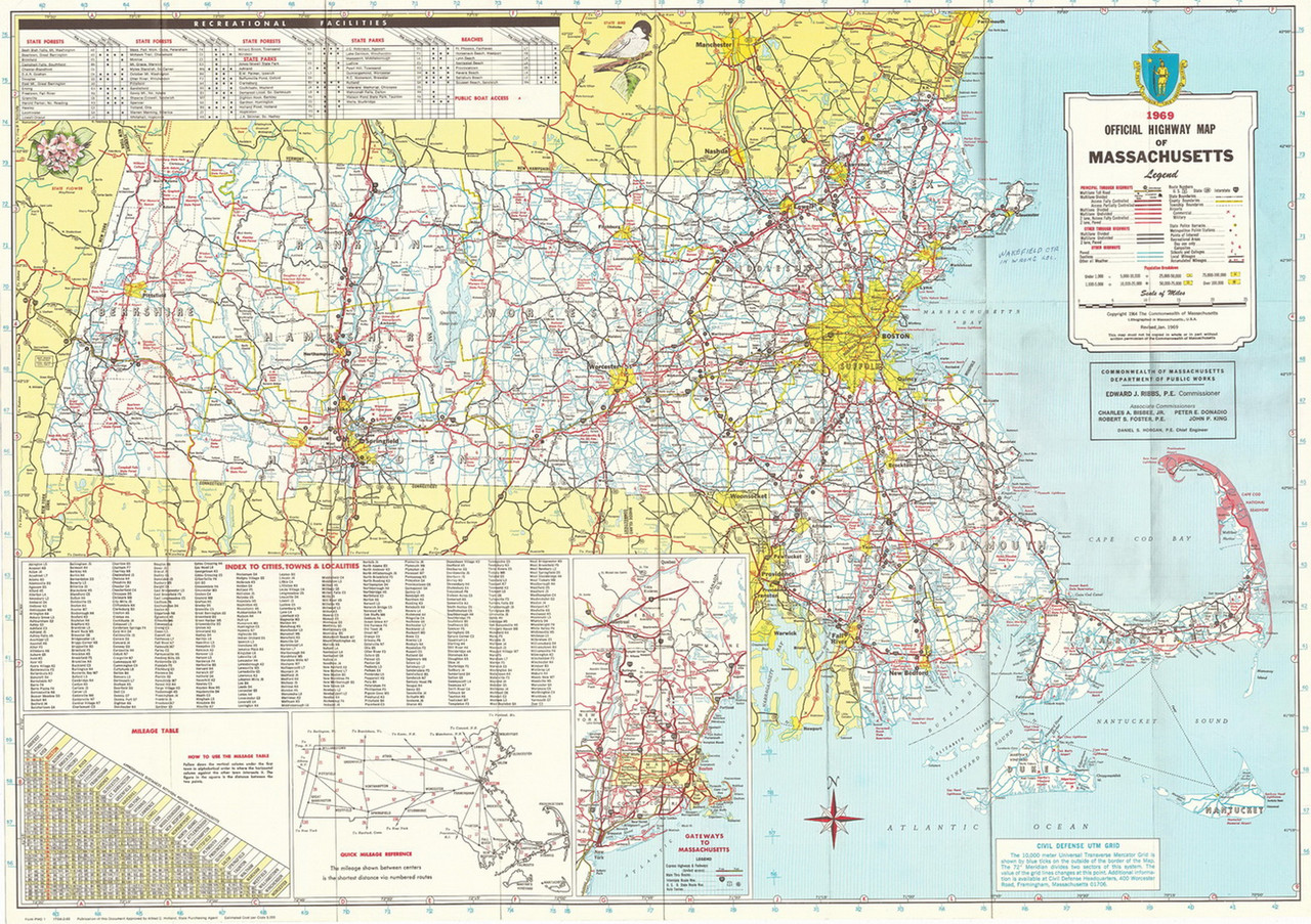 Massachusetts 1969 State Highway Map Reprint - OLD MAPS