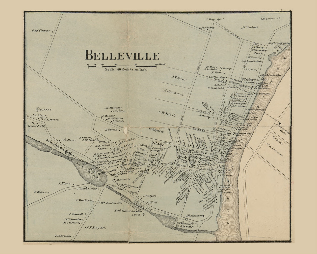 Belleville Village, New Jersey 1859 Old Town Map Custom Print Essex