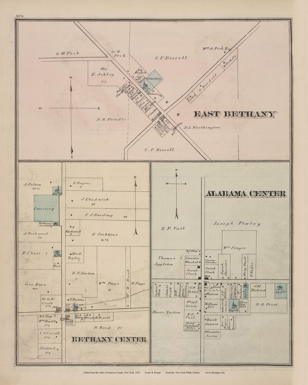 Bethany, Alabama Center 052, New York 1876 Old Map Reprint Genesee