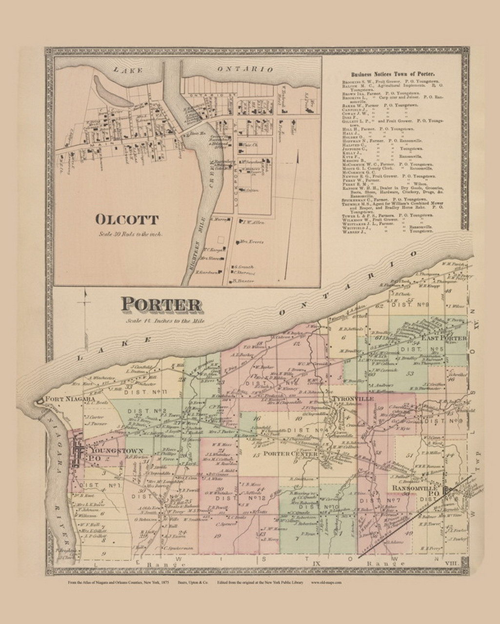 Olcott, Porter 51, New York 1875 Old Map Reprint Niagra & Orleans