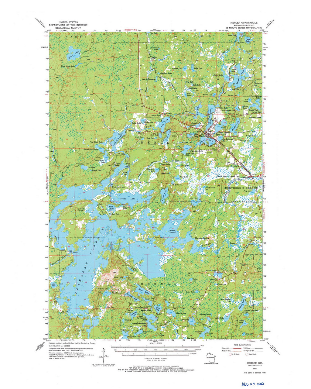 Mercer, Wisconsin 1955 (1966) USGS Old Topo Map Reprint 15x15 WI Quad