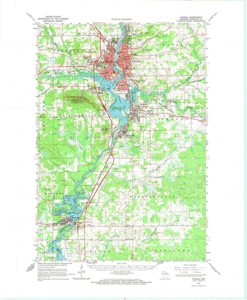 Wausau, Wisconsin 1963 (1973) USGS Old Topo Map Reprint 15x15 WI Quad