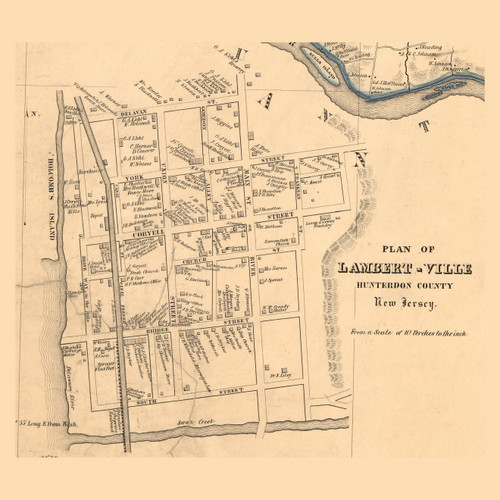 Lambertville West Amwell , New Jersey 1851 Old Town Map Custom Print