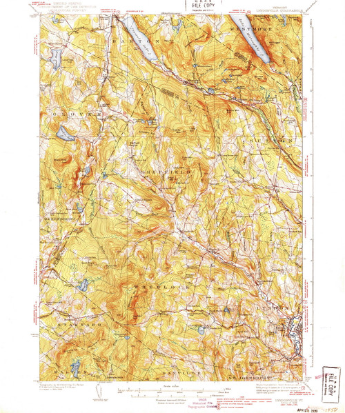 Lyndonville, Vermont 1939 () USGS Old Topo Map Reprint 15x15 VT Quad