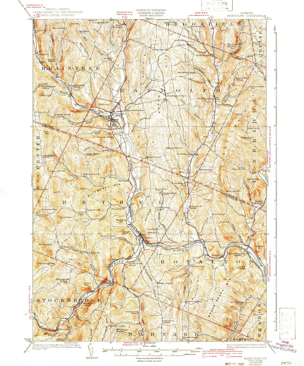 Randolph Vermont 1926 (1942) USGS Old Topo Map Reprint 15x15 VT Quad