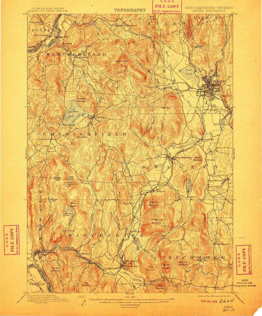 Keene New Hampshire 1898 1911 Usgs Old Topo Map Reprint 15x15 Vt Quad 330111 Old Maps 0134