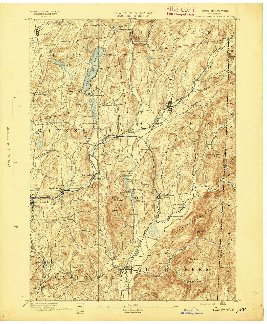 Cambridge New York 1895 Usgs Old Topo Map Reprint 15x15 Vt Quad 140401 Old Maps 2229