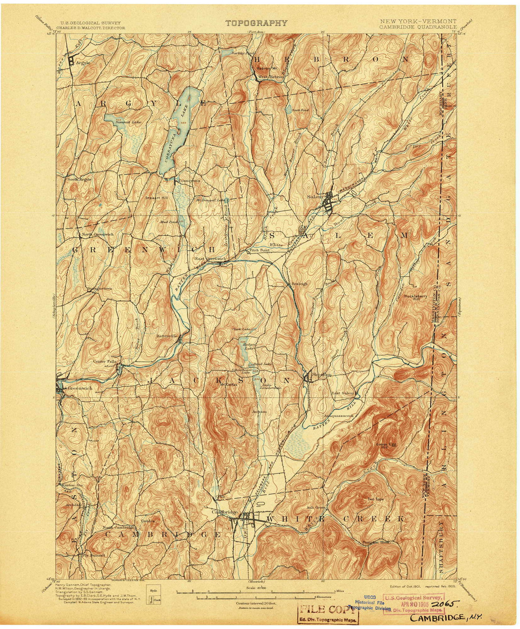 Cambridge, New York 1901 (1905) USGS Old Topo Map Reprint 15x15 VT Quad